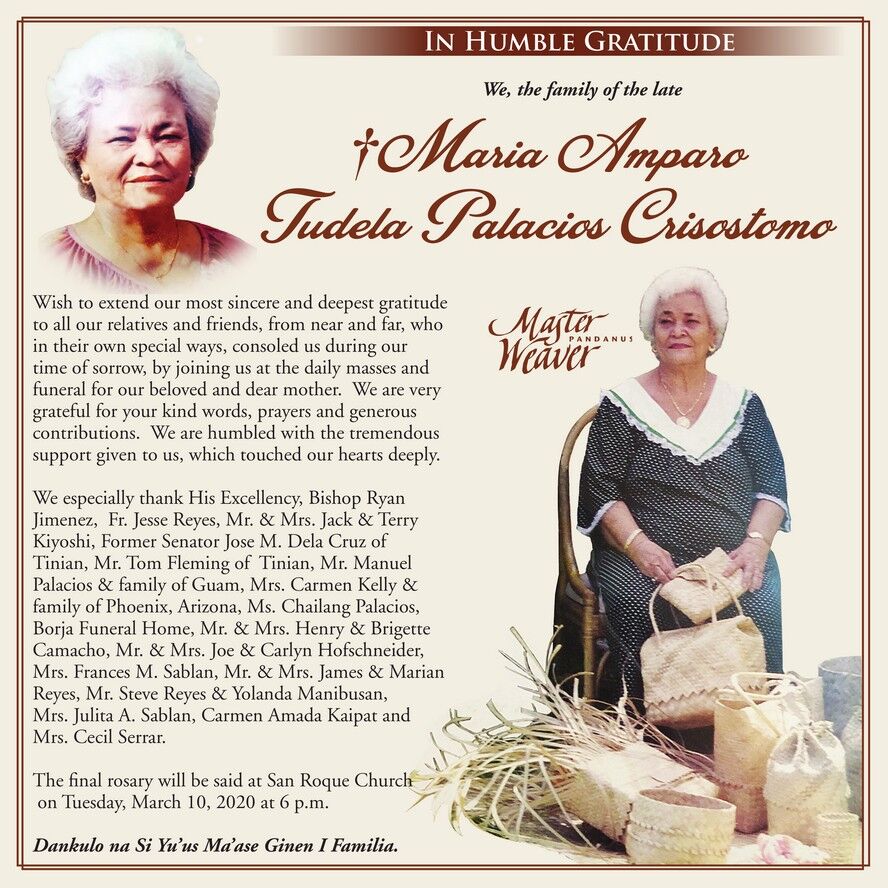 Maria Amparo Tudela Palacios Crisostomo family message of appreciation